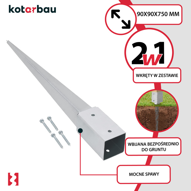 Podstawa słupa kotwa wbijana do ziemi stalowa 90x90x750 mm zestaw 2 szt.