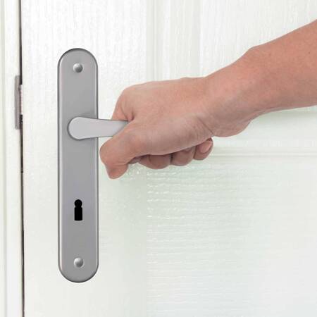 zestaw klamka drzwiowa 72 srebrna długi szyld na klucz